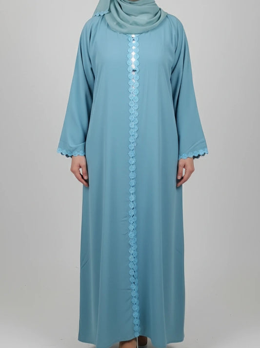Elegant one-piece open long blue abaya with delicate flower design and matching scarf — perfect Eid abaya for women. Shop beautiful abaya dresses and nice abayas online in Sweden, Norway, Denmark, and Canada