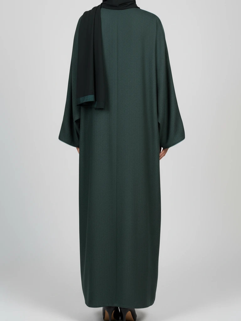 Dubai handcrafted open abaya in cotton-linen with matching scarf – premium one-piece modest fashion by Emara Modesty