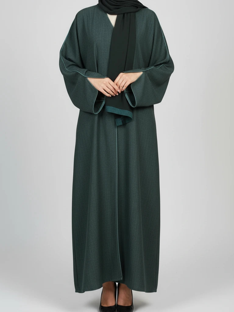 One-piece open abaya in cotton-linen fabric with matching scarf – Dubai handcrafted modest wear available online in Sweden, Denmark, Norway and Canada