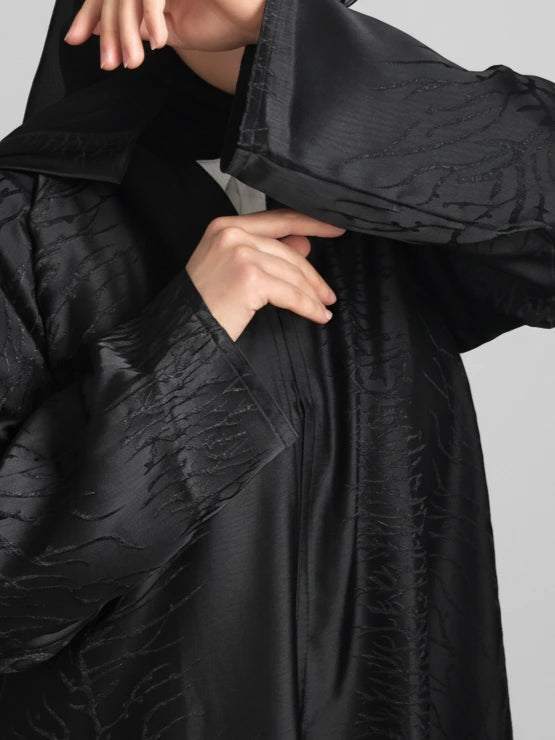 Black Dubai one-piece open abaya with scarf – premium modest fashion for women, available online in Sweden, Canada, Norway and Denmark