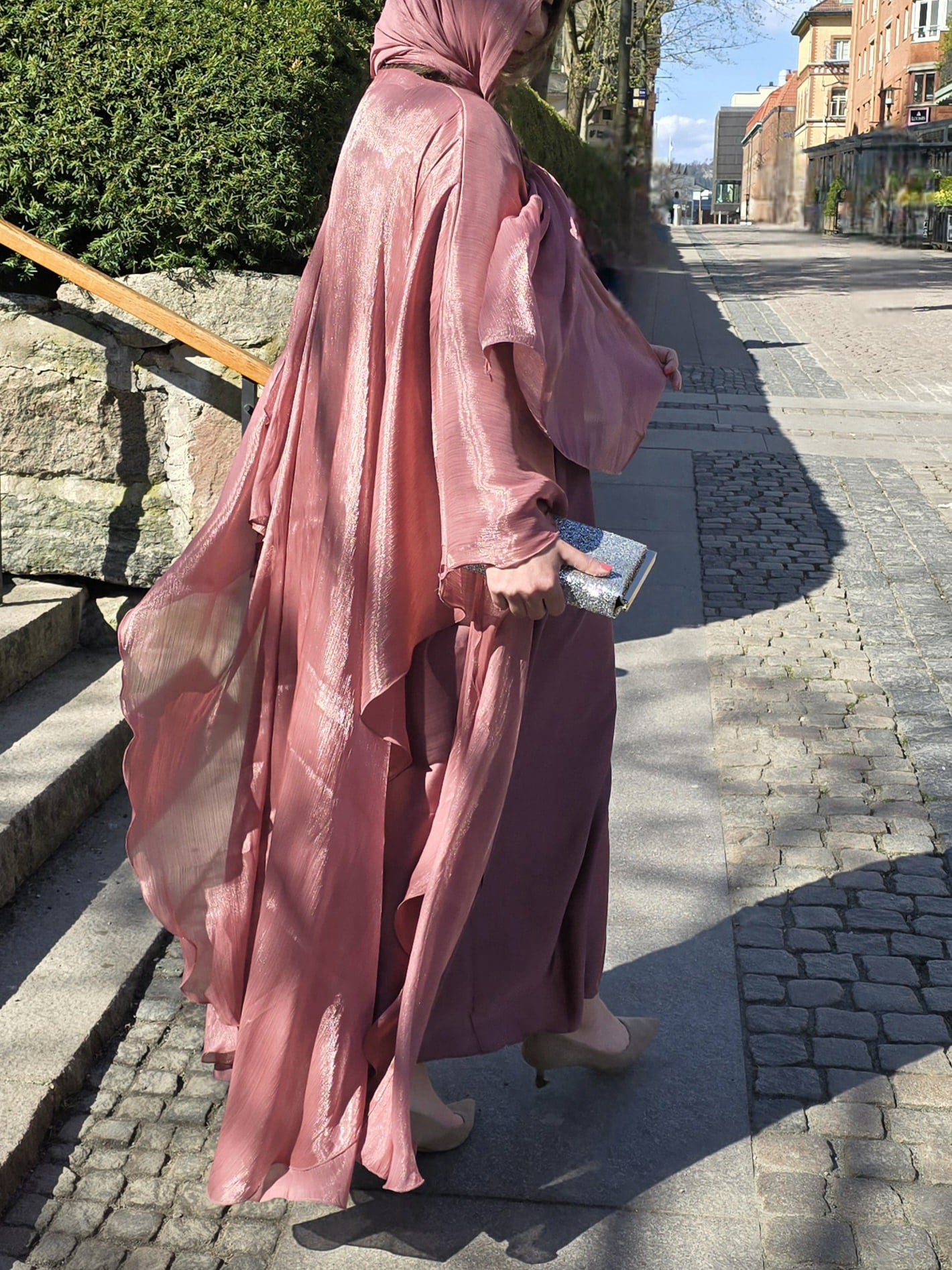 Luxury pink abaya dress in soft satin with open kimono design