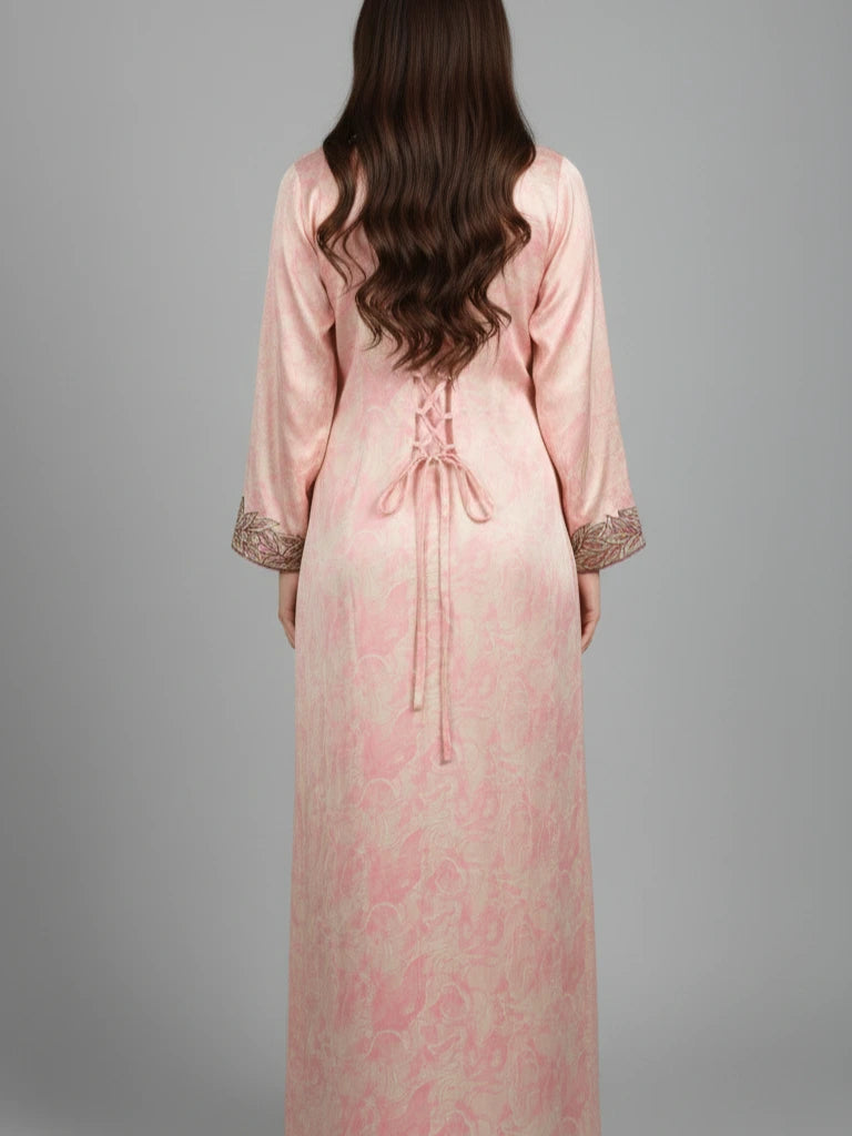 “Handmade embroidered silk kaftan with intricate detailing – unique caftan design from Mukhawar Boutique, inspired by Middle Eastern fashion and modest luxury.”