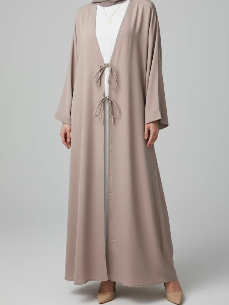 Buy Dubai handcrafted two-piece beige abaya online – premium modest clothing set with scarf and belt, perfect for autumn and winter