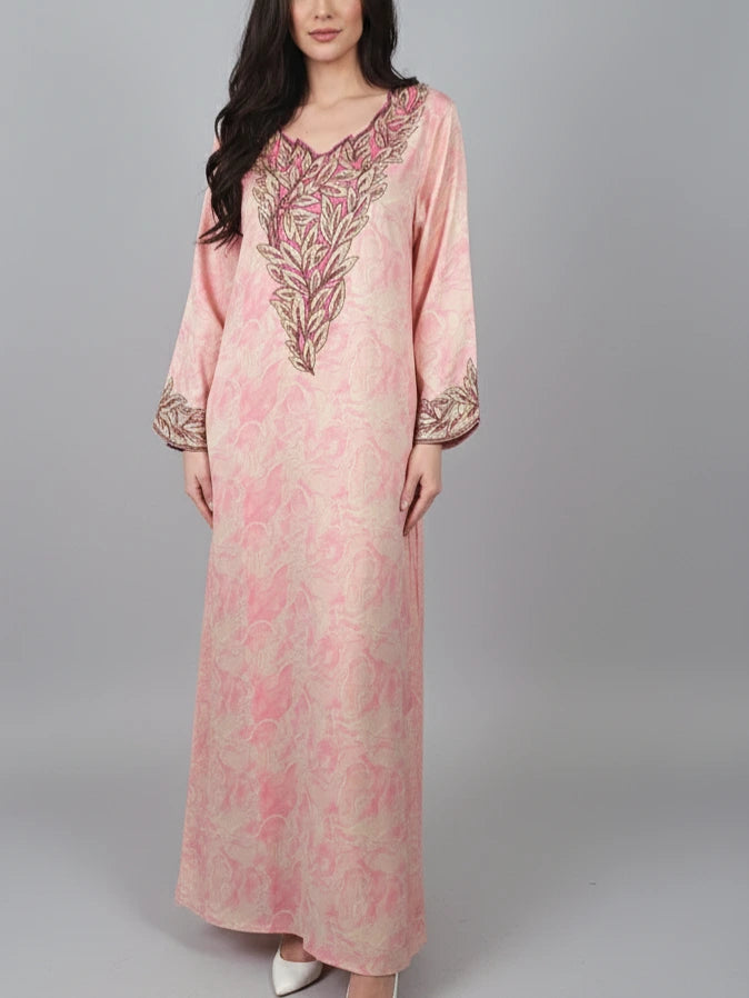 “Emirati Mukhaawar silk kaftan for women with embroidery and matching scarf – luxury jalabiya and long silk gown available online in Sweden, Norway, and Denmark.”