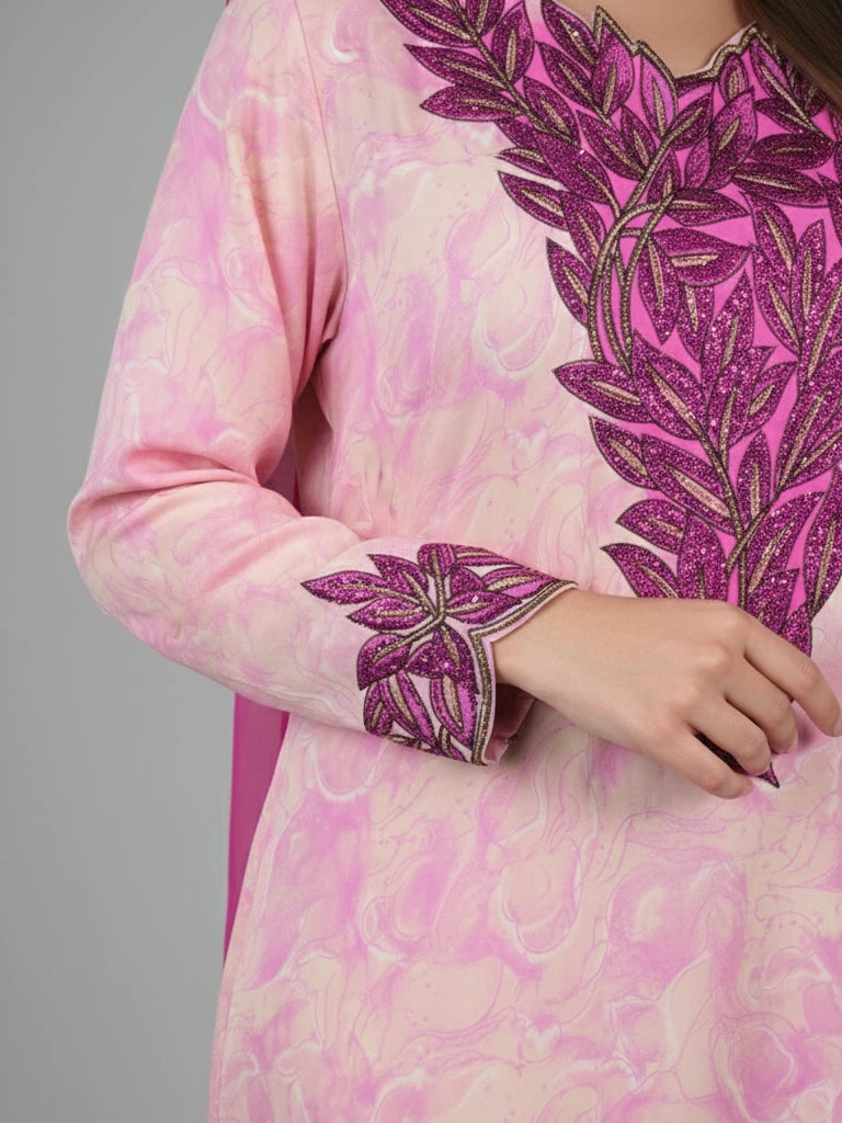Pink jalabiyah silk fabric with embroidery and a scarf
