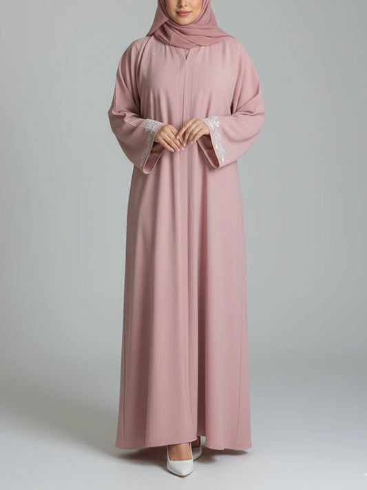 High-quality abaya dress with buttons worn closed or open – modesty abaya for Eid.