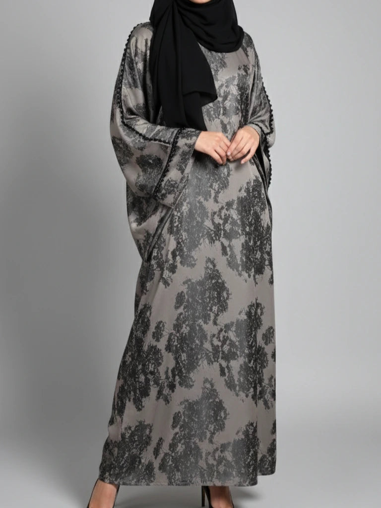 Luxury farasha satin abaya with embroidered sleeves and matching hijab