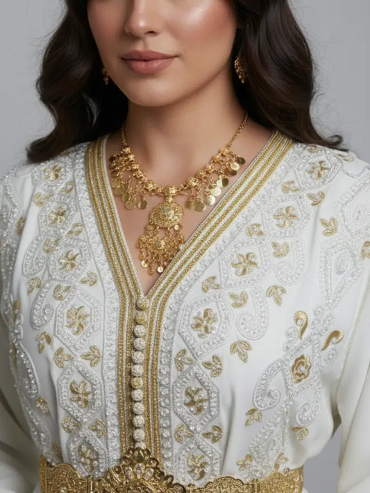 Close-up of Moroccan embroidery and hand-applied beads on kaftan