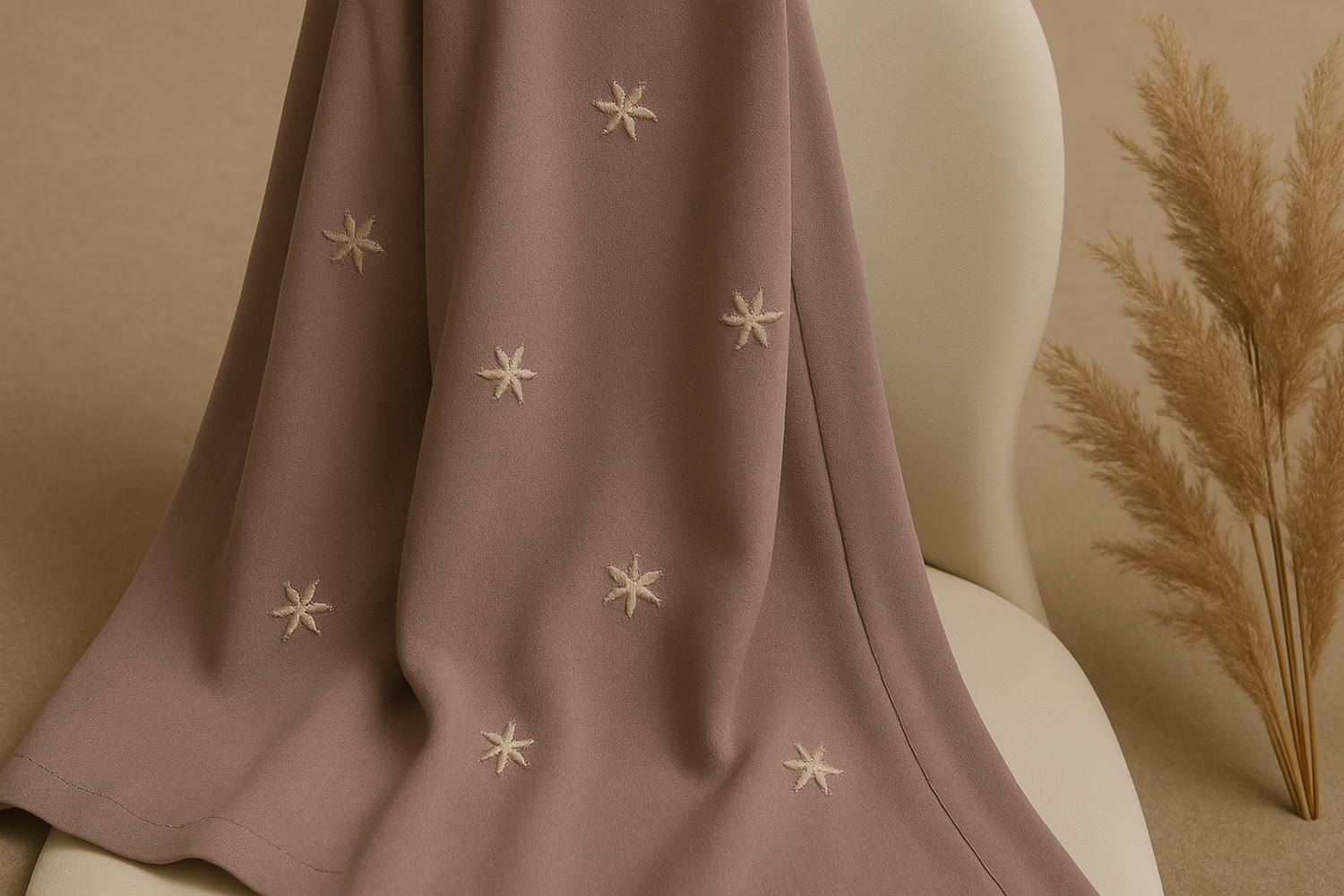 Luxury brown abaya with white floral embroidery, crafted from premium fabric and designed for sophisticated modest fashion.