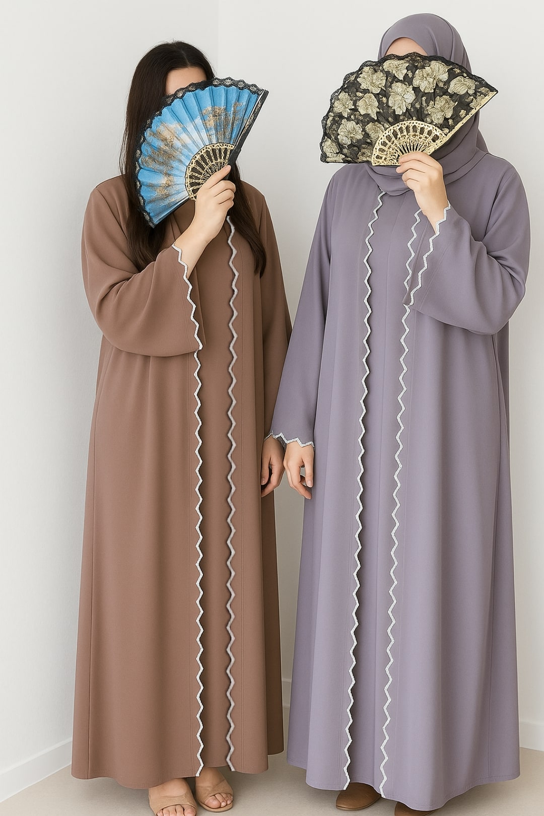 High-quality modest two-piece abayas from Dubai in elegant purple and brown tones, each paired with a matching scarf. The abayas feature clean, flowing silhouettes with scalloped trim details, showcasing graceful design suitable for modern modest fashion.