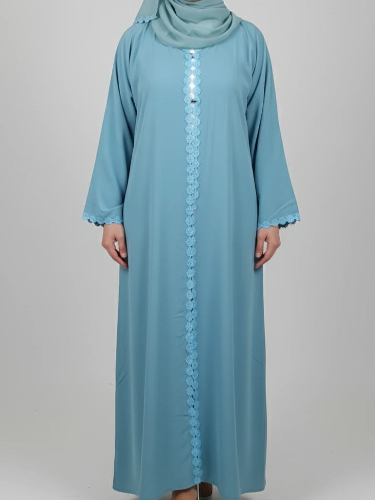 Elegant one-piece open long blue abaya with delicate flower design and matching scarf — perfect Eid abaya for women. Shop beautiful abaya dresses and nice abayas online in Sweden, Norway, Denmark, and Canada