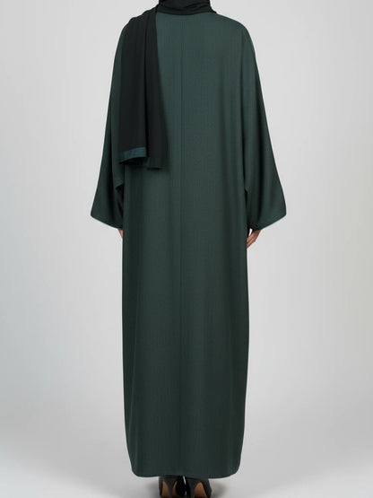 Dubai handcrafted open abaya in cotton-linen with matching scarf – premium one-piece modest fashion by Emara Modesty