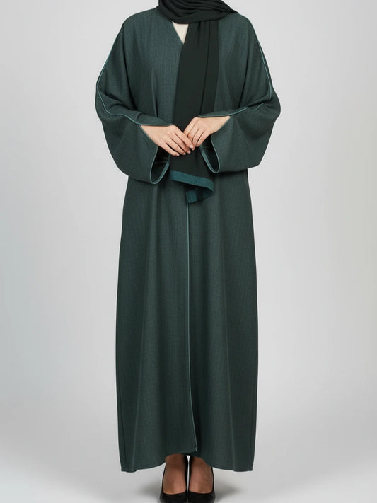 One-piece open abaya in cotton-linen fabric with matching scarf – Dubai handcrafted modest wear available online in Sweden, Denmark, Norway and Canada