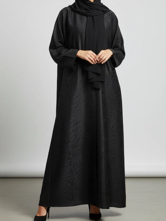 Black Dubai hand-crafted one-piece open abaya with matching scarf – luxury modest fashion available online in Sweden, Denmark, Norway and Canada