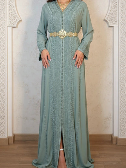 Luxury Moroccan kaftan dress for women, premium fabric with hand embroidery, available in Sweden, Denmark, and Norway