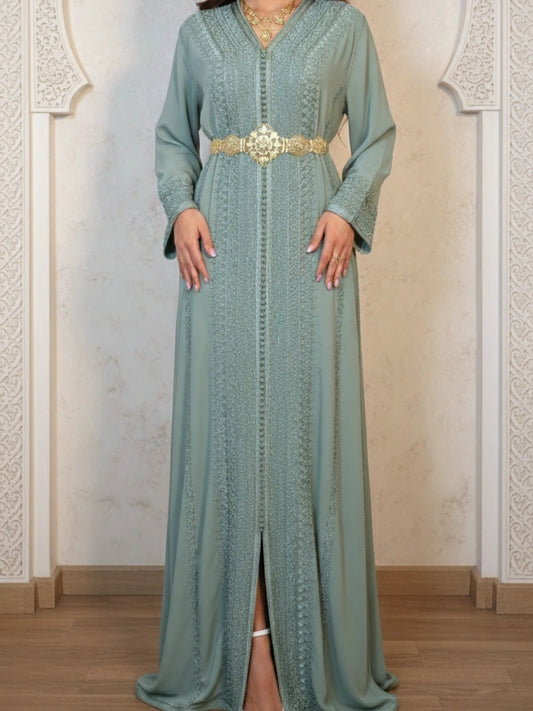 Luxury Moroccan kaftan dress for women, premium fabric with hand embroidery, available in Sweden, Denmark, and Norway
