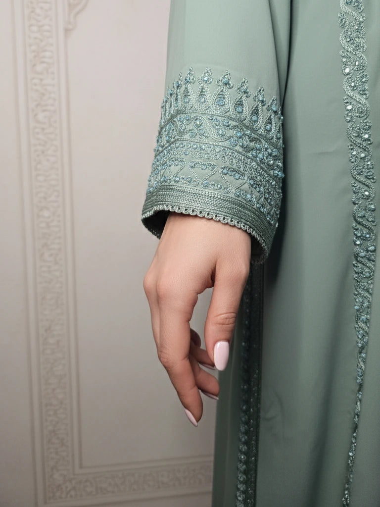 Elegant Moroccan long kaftan with embroidered details and matching belt – handmade in Morocco