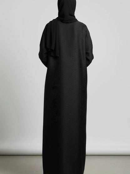 Luxury black open abaya handcrafted in Dubai with matching scarf – elegant one-piece modest wear made from premium fabric
