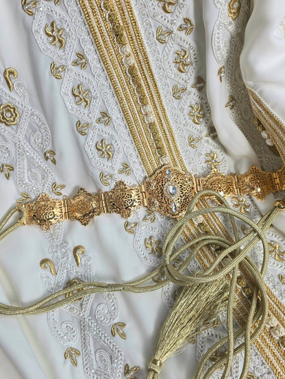 Embroidered white long kaftan maghribi with belt