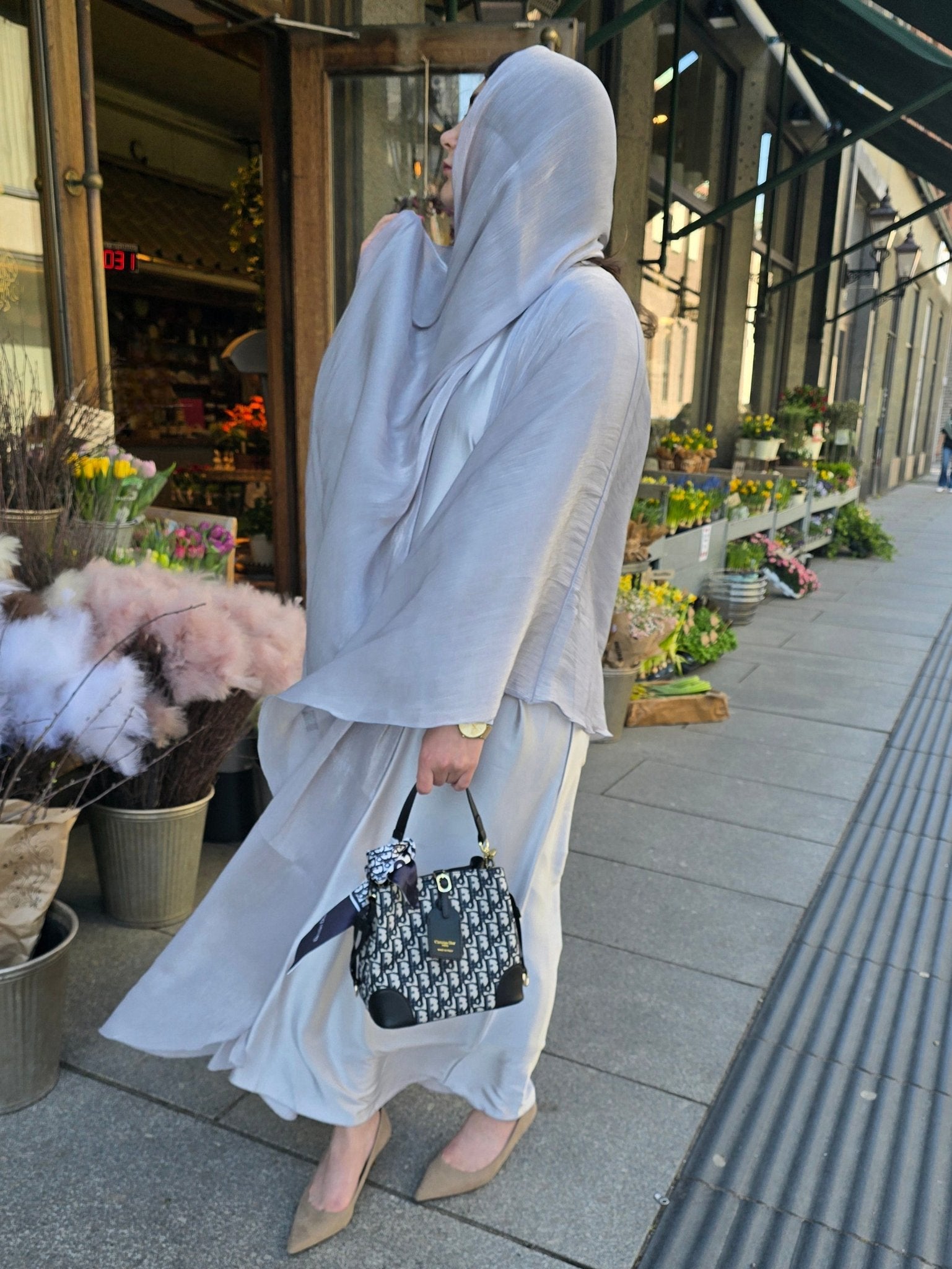 grey Satin abaya set for elegant Muslim outfits