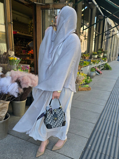 grey Satin abaya set for elegant Muslim outfits