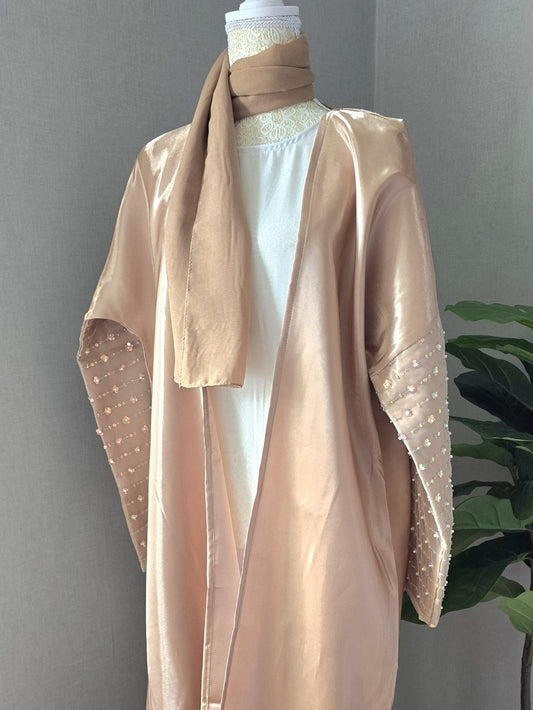 Muslim kaftan abaya with inner dress and hijab in luxury satin fabric