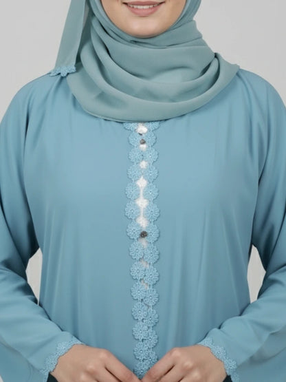 Light blue long-sleeve eid abaya with flower lace detailing 