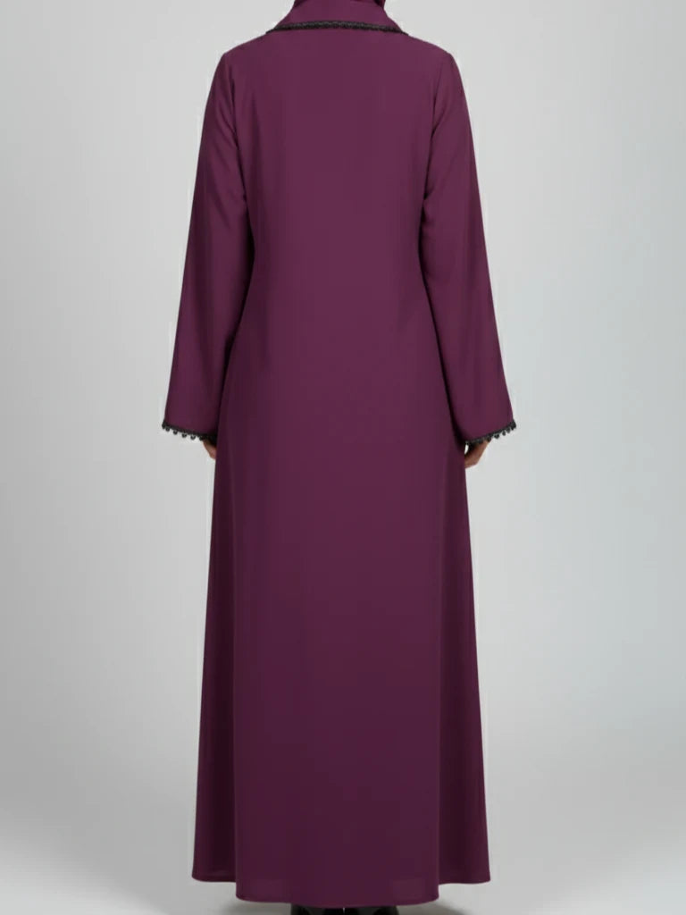 عباية طويلة مفتوحة فاخرة بياقة بليزر مع تطريز أحجار أنيق ورباط جانبي وطرحة متناسقة مصنوعة يدويًا في دبي