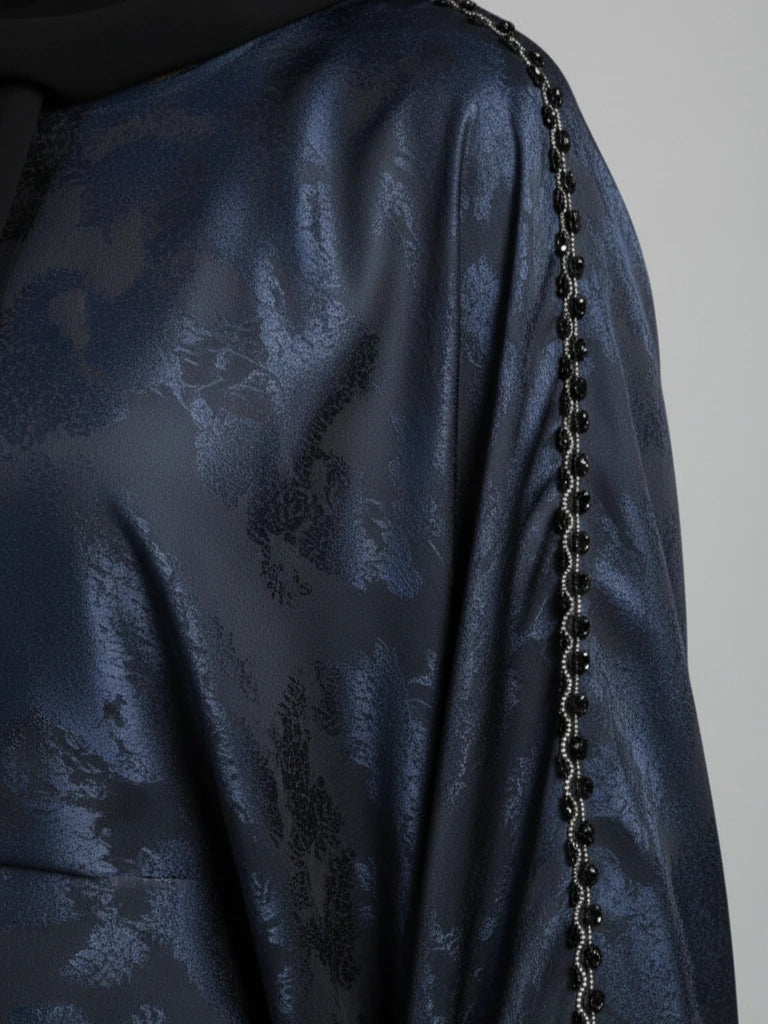 Luxury black farasha satin abaya with embroidered sleeves and matching hijab