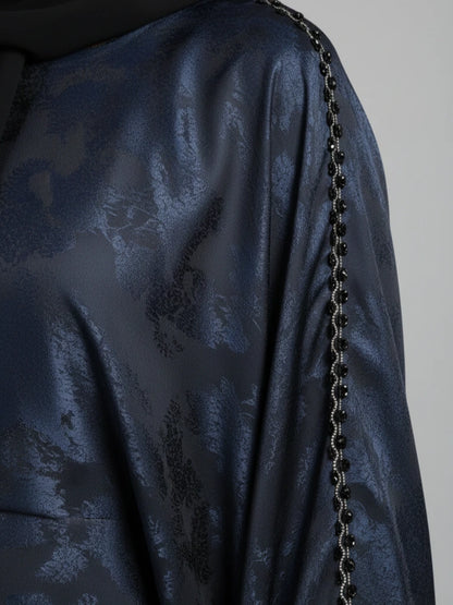 Luxury black farasha satin abaya with embroidered sleeves and matching hijab