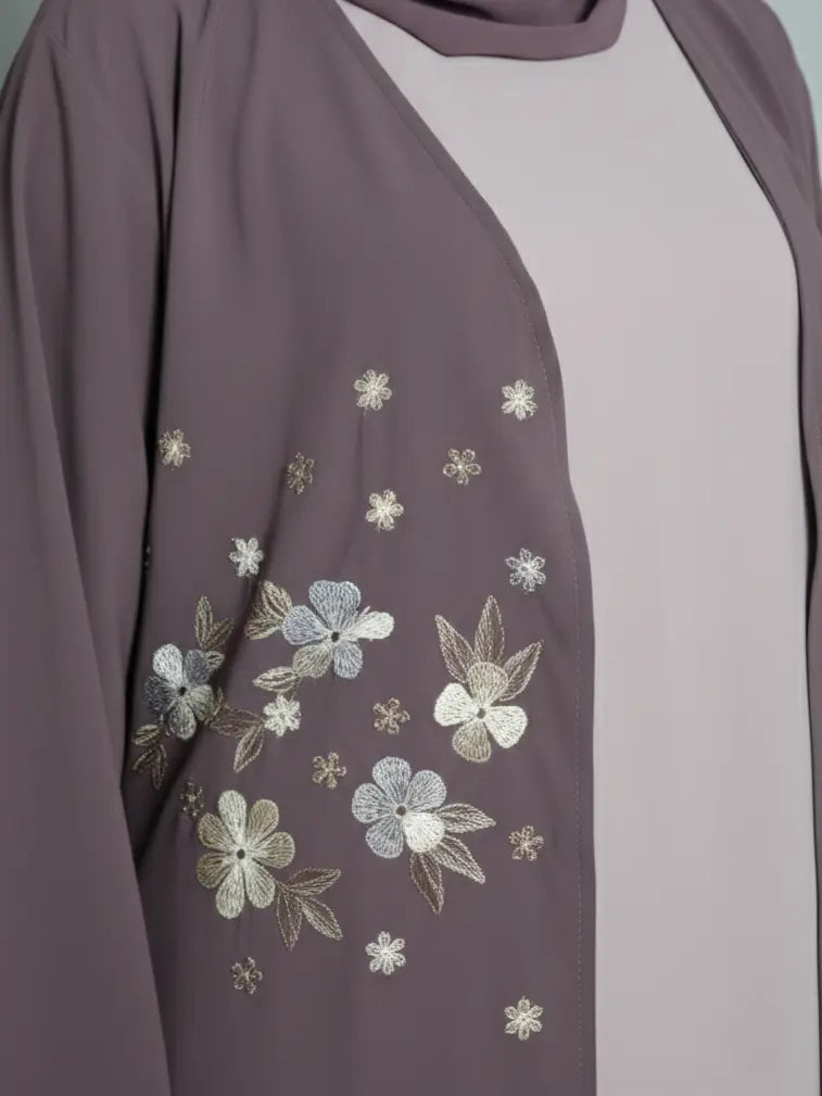 Luxury 2-piece embroidered abaya set with matching hijab, handmade in Dubai