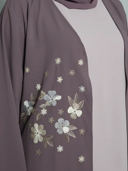 Luxury 2-piece embroidered abaya set with matching hijab, handmade in Dubai