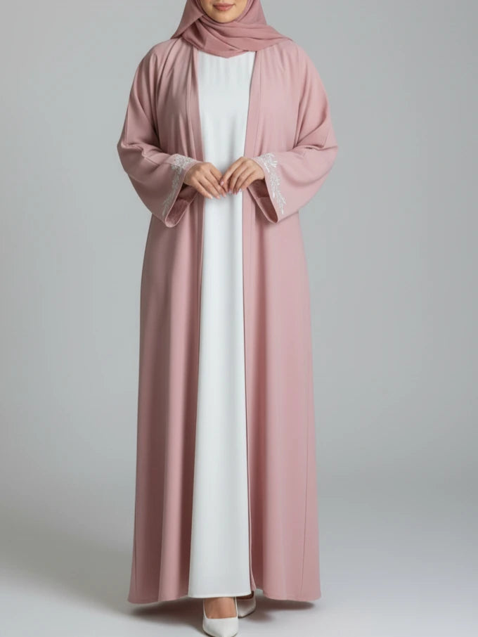 Soft flowy fabric detail of a kimono-style luxury abaya – abaya online for women.
