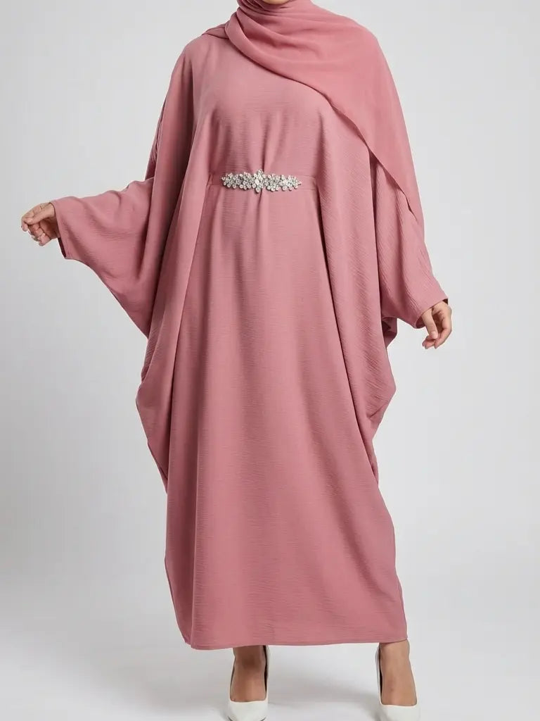 Handmade farasha abaya dress with flowing silhouette and matching hijab, perfect for Eid and Ramadan