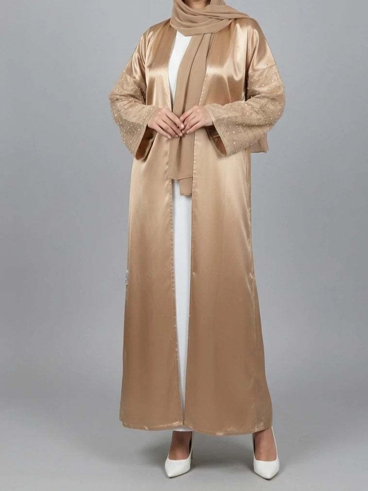 Muslim kaftan abaya with inner dress and hijab in luxury satin fabric