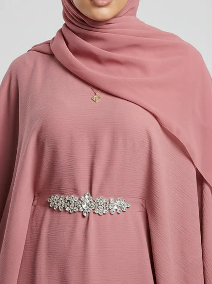 Luxury farasha abaya with chic stone embroidery at the waist and hidden inner belt