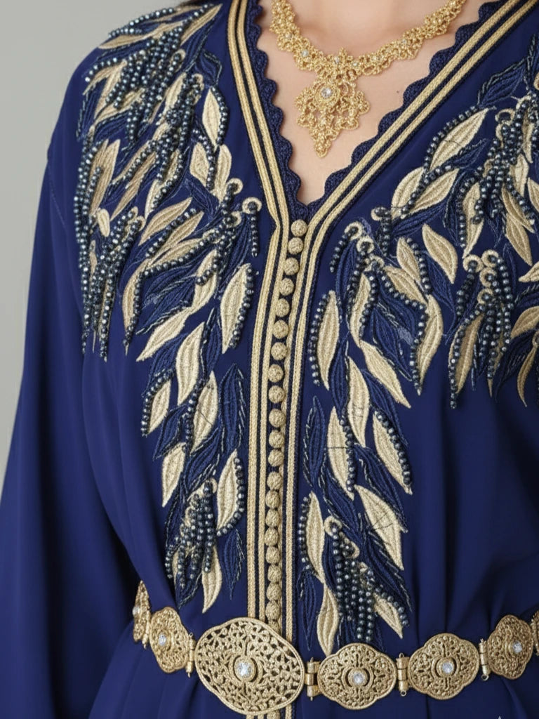Long Moroccan kaftan dress with traditional embroidery and elegant fit