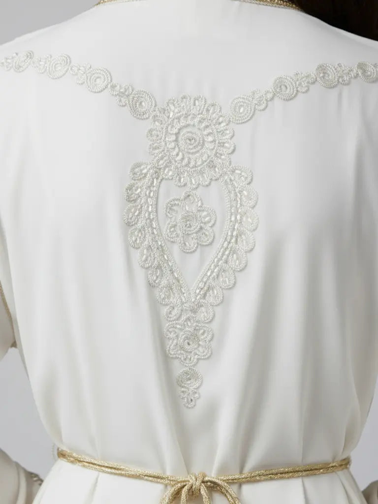 Back view of luxury white wedding kaftan with long sleeves