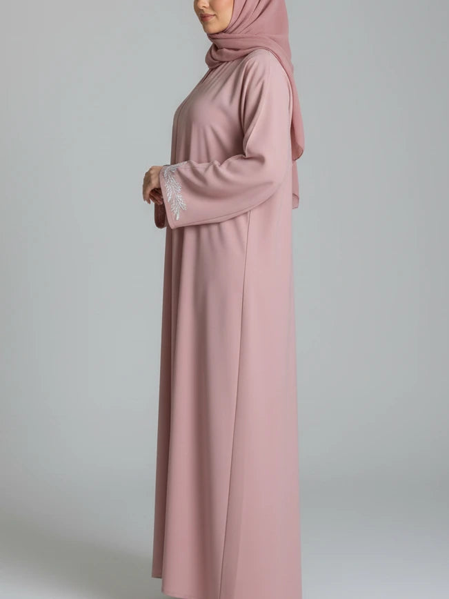 Luxury pink open abaya with matching scarf – modern abaya style for women.