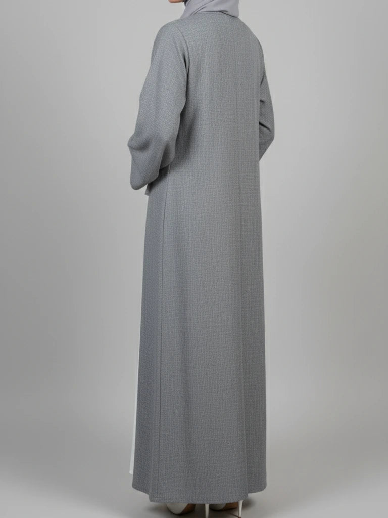 عباية رمادية قطعتين مع فستان أبيض داخلي | عبايات فاخرة من دبي | أونلاين في السويد والنرويج والدنمارك