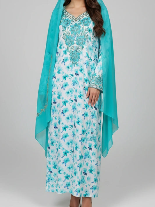 Emirati Mukhawar silk dress with chest embroidery and matching embroidered scarf