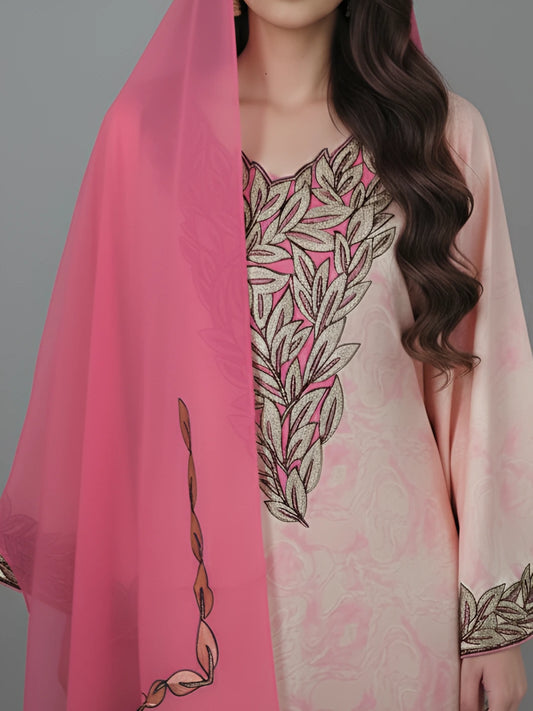 Women’s long kaftan in Indonesian silk with belt and wide scarf – elegant rose pink kaftan for Eid, Ramadan, and weddings – modern style kaftan fashion.”