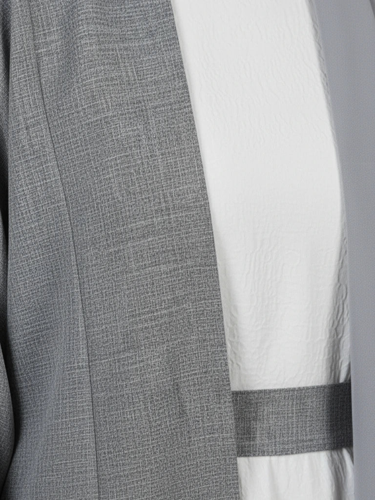 Elegant grey abaya set with belt and white inner dress – modern modest fashion, Muslim wear available online in Sweden, Norway, and Denmark.