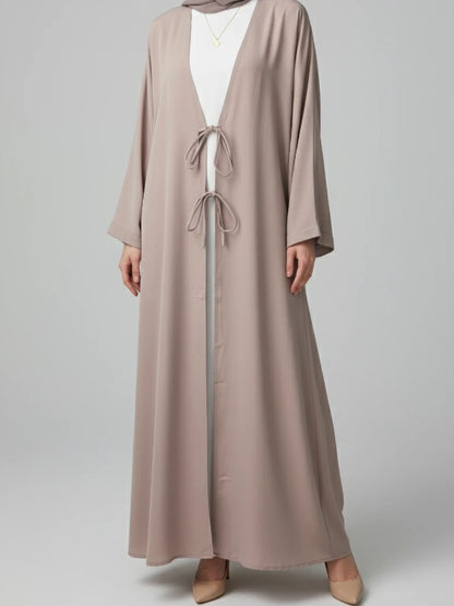 Buy Dubai handcrafted two-piece beige abaya online – premium modest clothing set with scarf and belt, perfect for autumn and winter