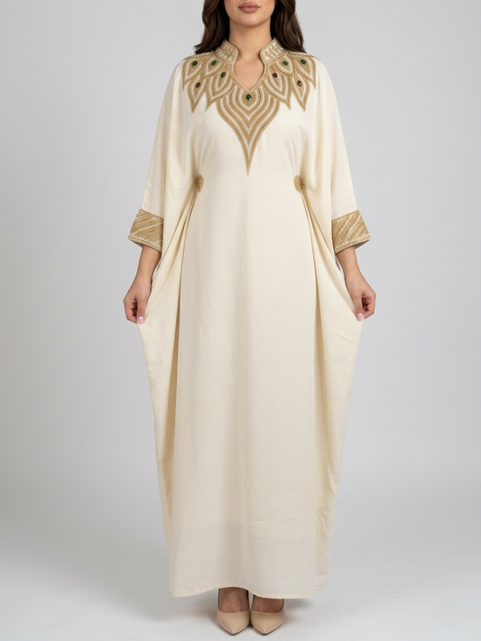 Vit marockansk kaftan klänning med brodyr och butterfly abaya design