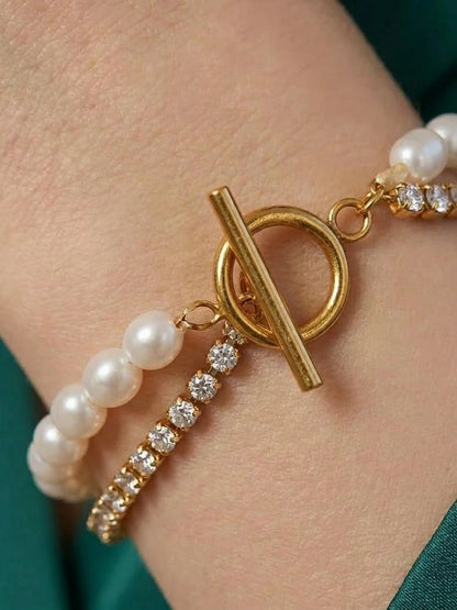 Elegant dubbelkedjat armband med glaspärlor och strass – OT-spänne, vattentåligt smycke