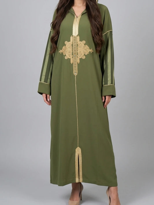Traditionell marockansk kaftan med lång ärm, exklusiv brodyr och lätt, draperad Crêpe för Eid och fest.