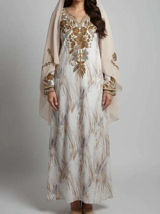 Emirati Mukhawar kaftan i silk med lyxig brodyr och justerbart bälte – elegant festklänning för dam
(Keywords: mukhawar, kaftan, silkklänning, festkläder dam)