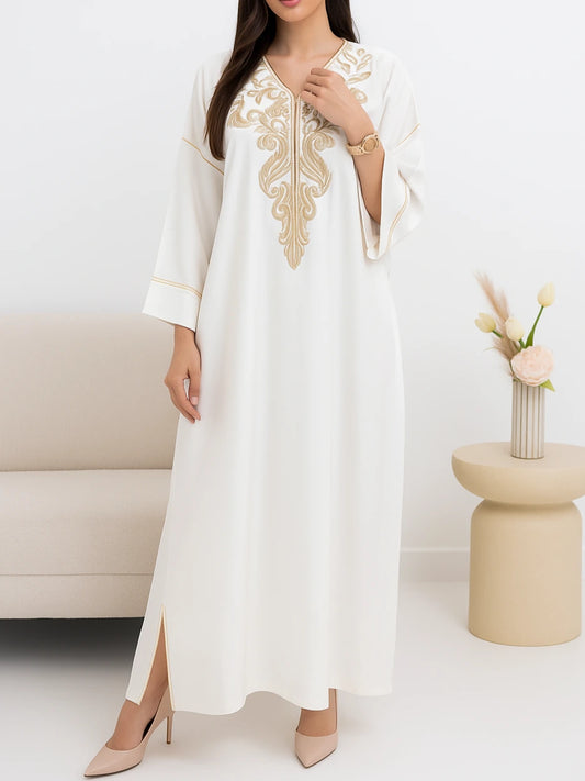 Vit Marockansk caftan Kaftan Jalabiya – Premiumtyg med Marockanskt Broderi