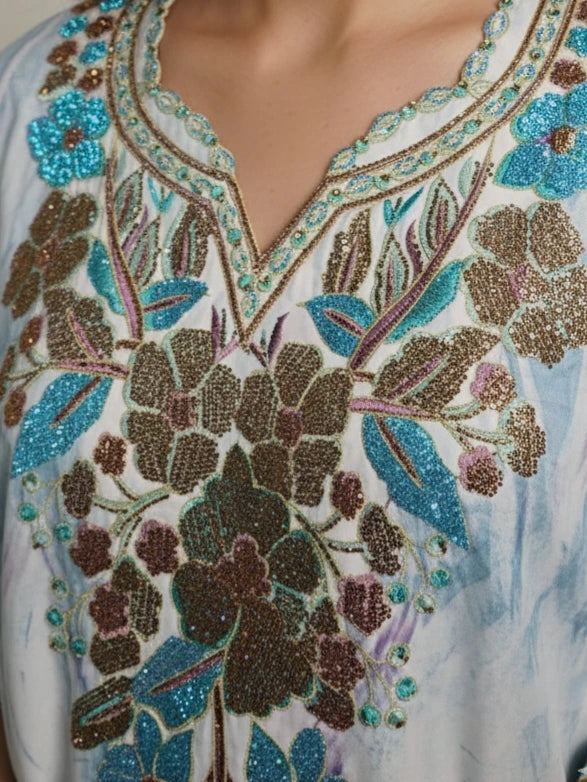 Silk abaya party dress with embroidery 